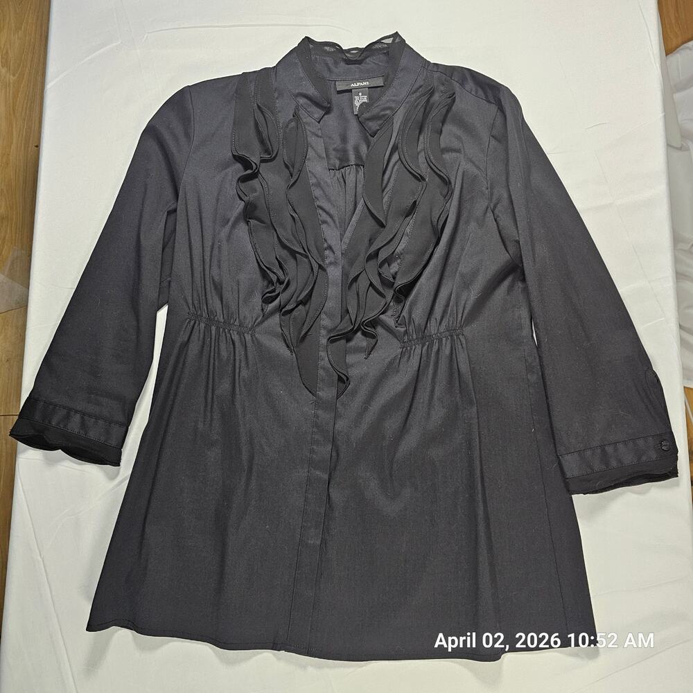 Alfani Black Ruffle Front Blouse Size 6 Button Front Career Office Top Women’s‎